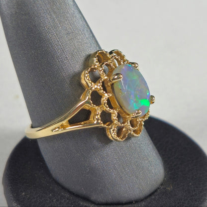 Riley | Lightning Ridge Australian Opal Filagree Flower Ring | 14kt Yellow Gold