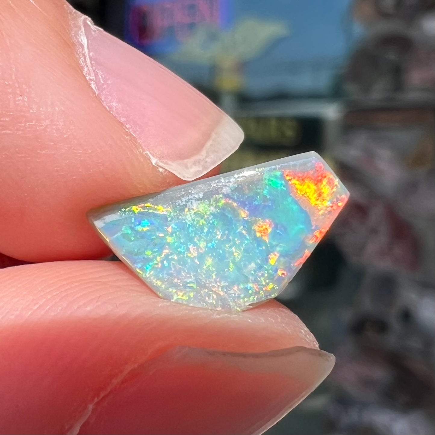 A freeform shaped semi-black opal from Lightning Ridge, Australia that weighs 1.31 carats.