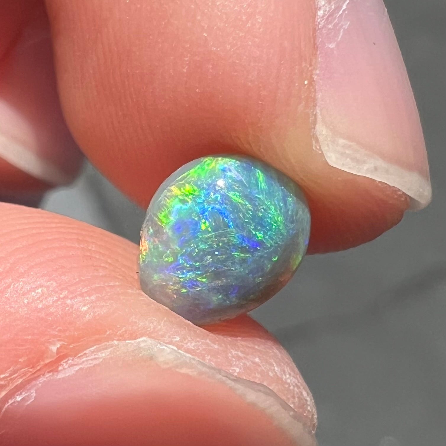 A loose, freeform shaped semi-black opal stone from Lightning Ridge, Australia.