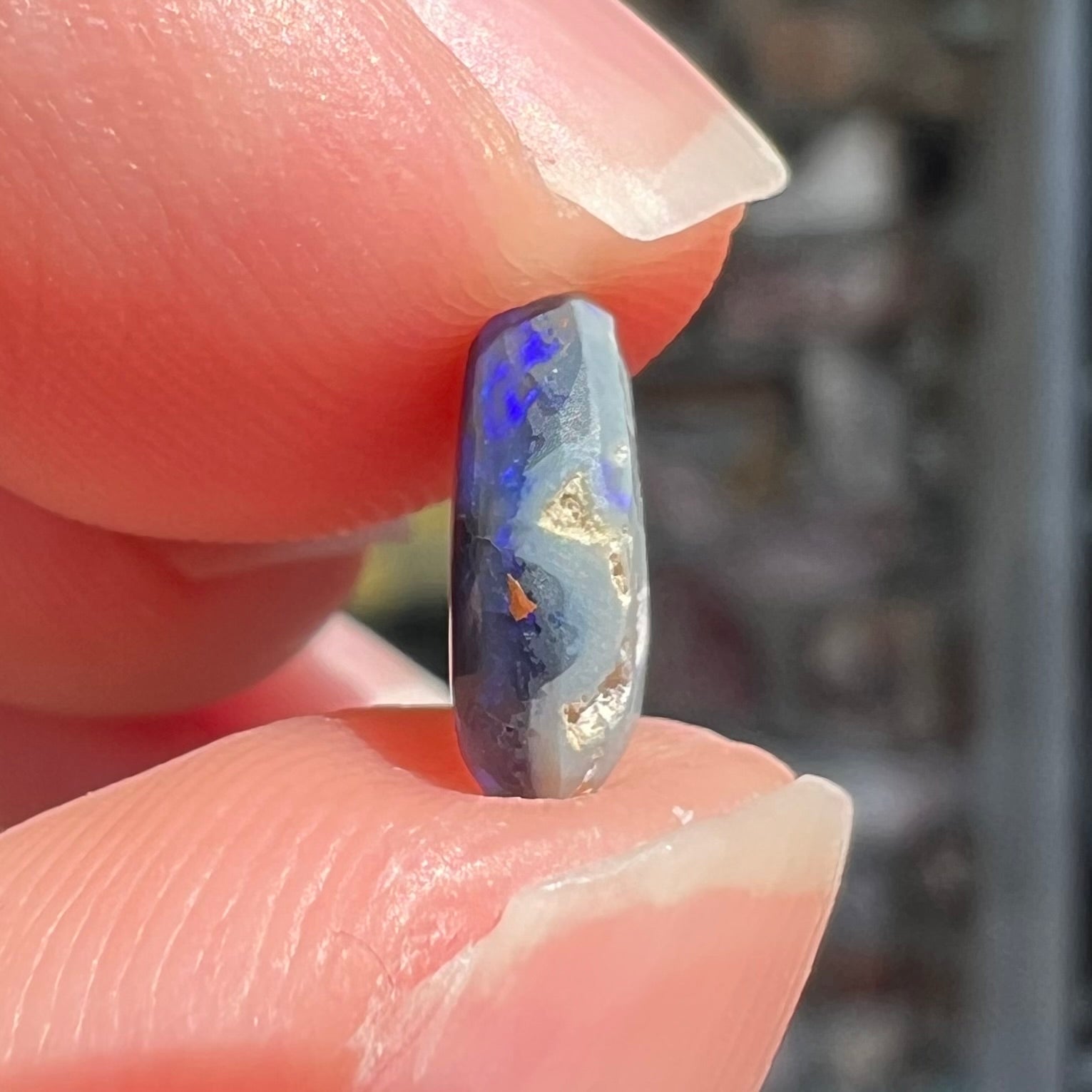 A loose, oval cabochon cut black opal stone from Lightning Ridge, Australia.  The opal has blue color play.