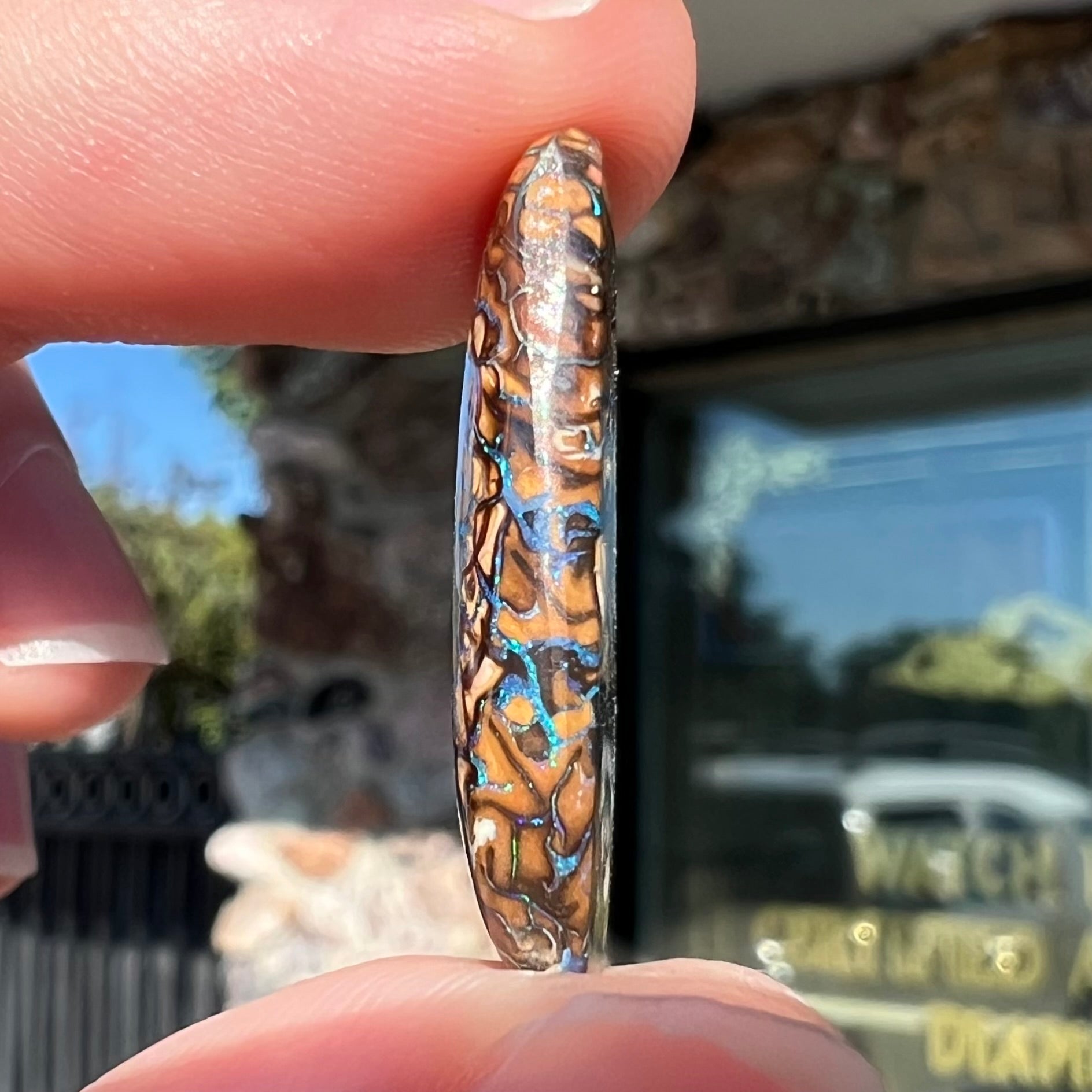 A loose, barrel shaped Koroit boulder opal stone with blue veins.