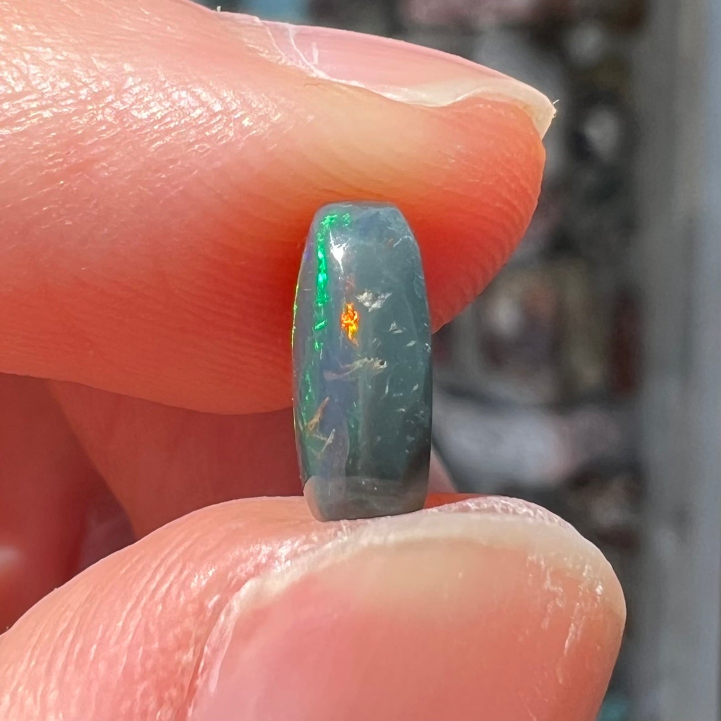 A natural, oval cut black opal stone that shows fire of red, green, and blue.