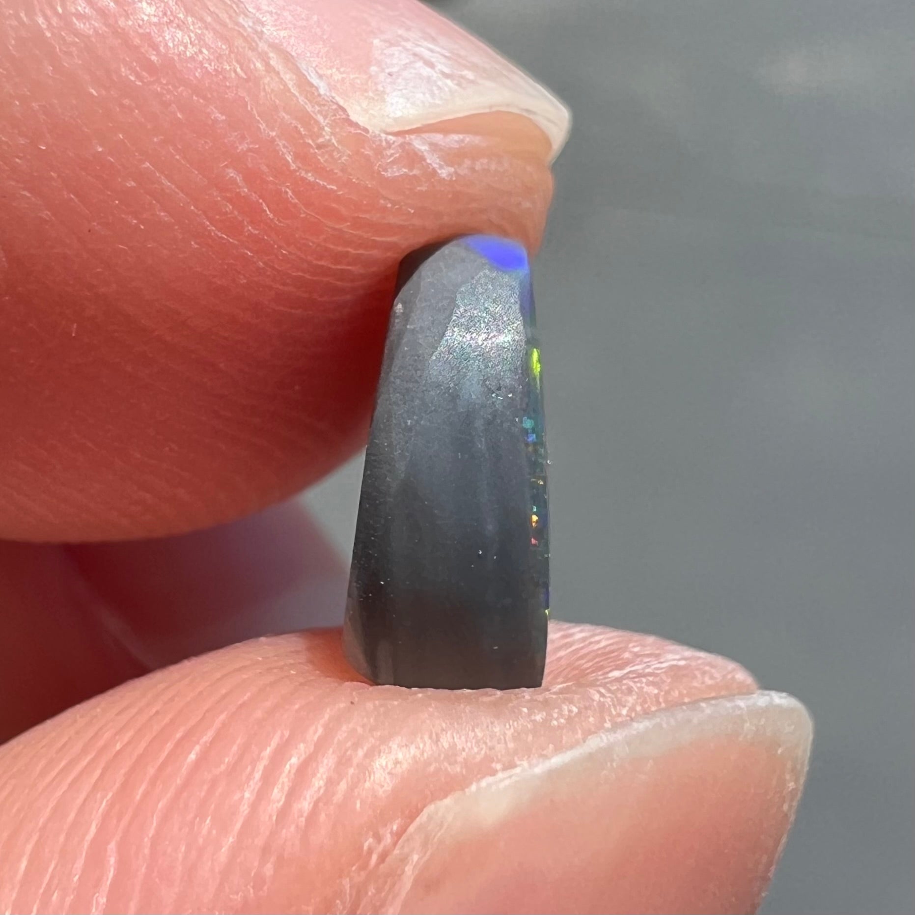 A loose, oval cut black opal from Lighting Ridge, Australia.  The stone is highly directional.