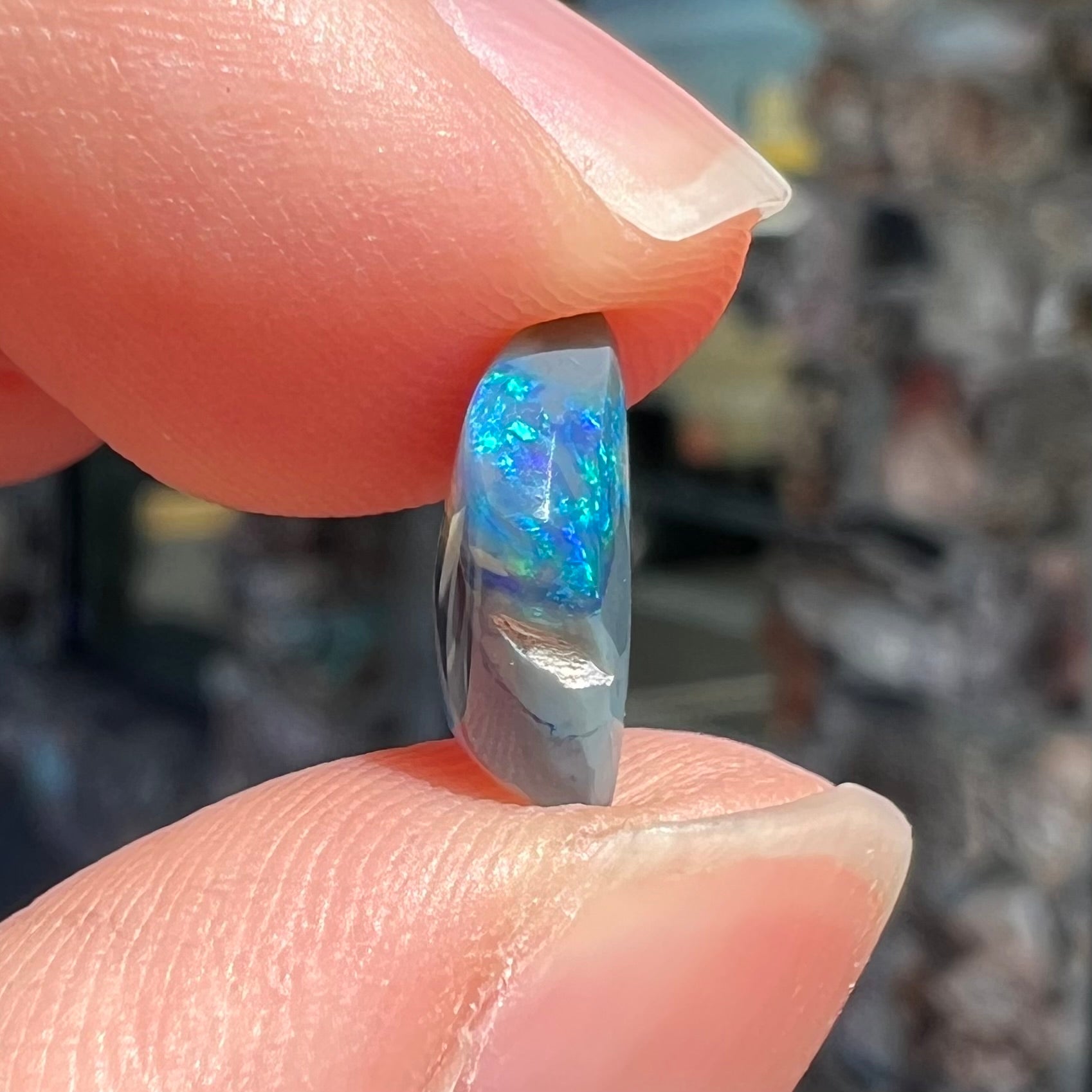 A 1.63 carat loose black opal stone from Lightning Ridge, Australia.  The opal is a freeform shape.