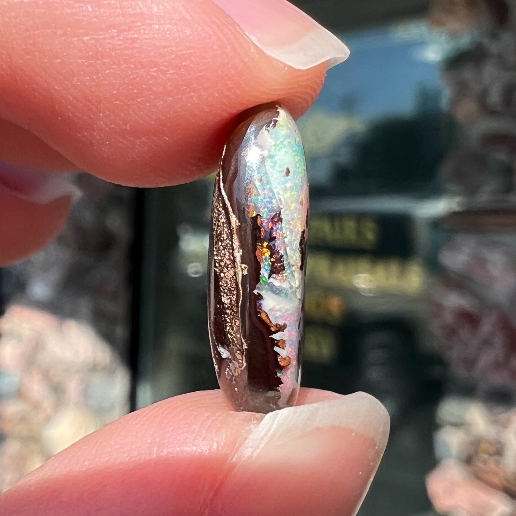 An oval cabochon cut boulder opal stone from Koroit, Australia.  The opal has a white body tone.