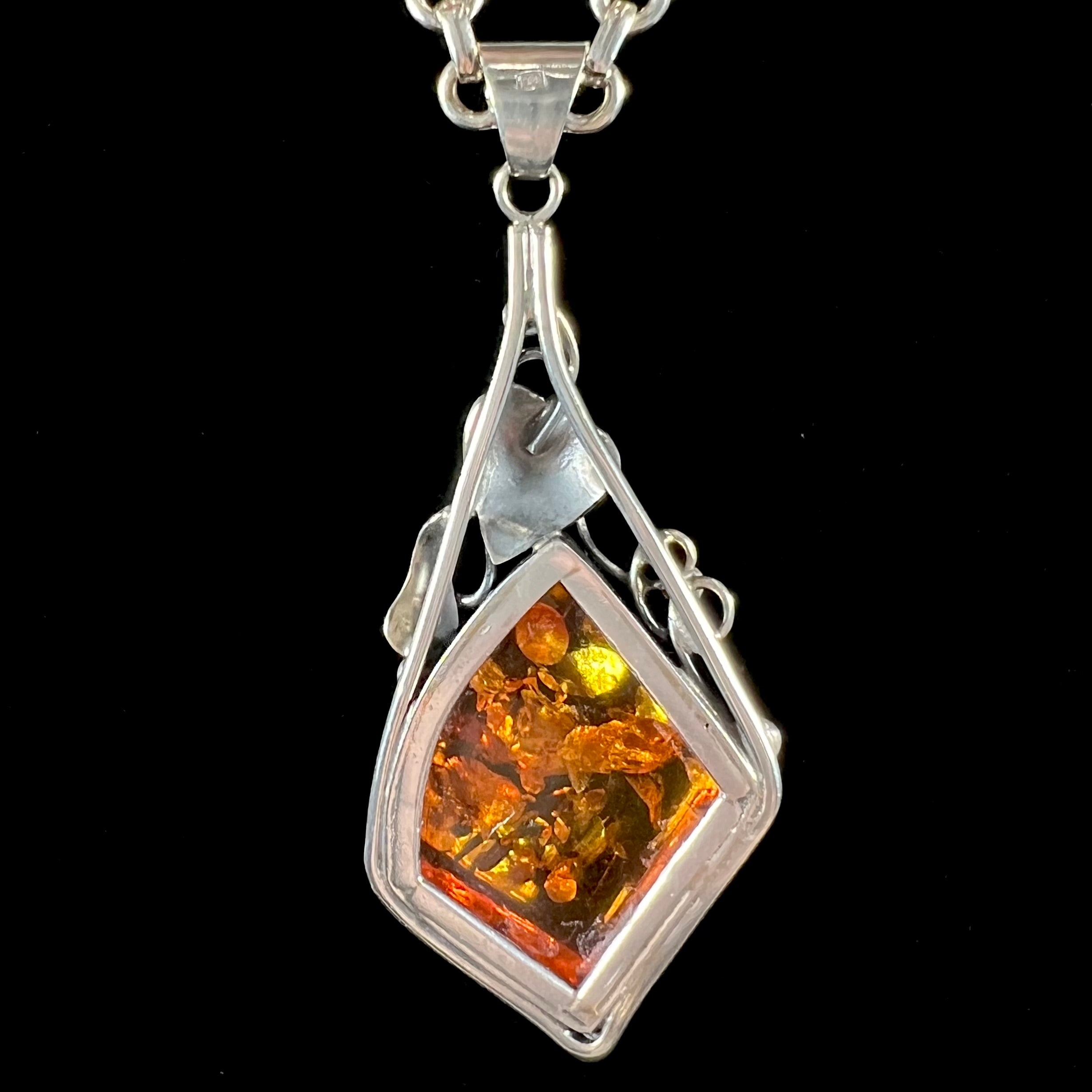 Sumatra Amber Sterling Silver Gemstone authentic Pendant Necklace, Crystal Jewelry, Crystal Necklace, Natural Amber (#154)