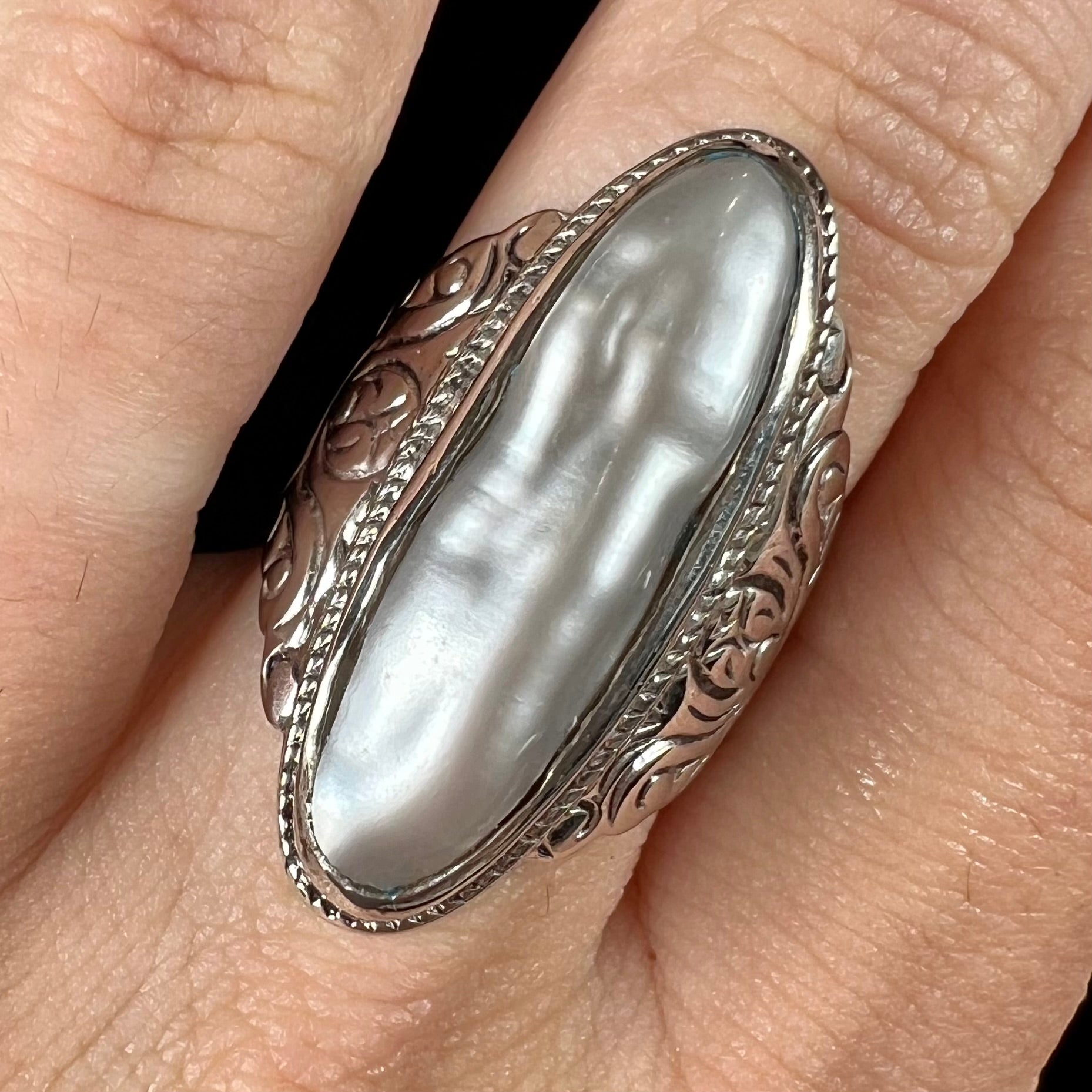 White Oval sale Mother of Pearl Ring in Sterling Silver Scallop Bezel | Pearl Ring | Beachy | Mermaid Jewelry | Boho | June Birthstone