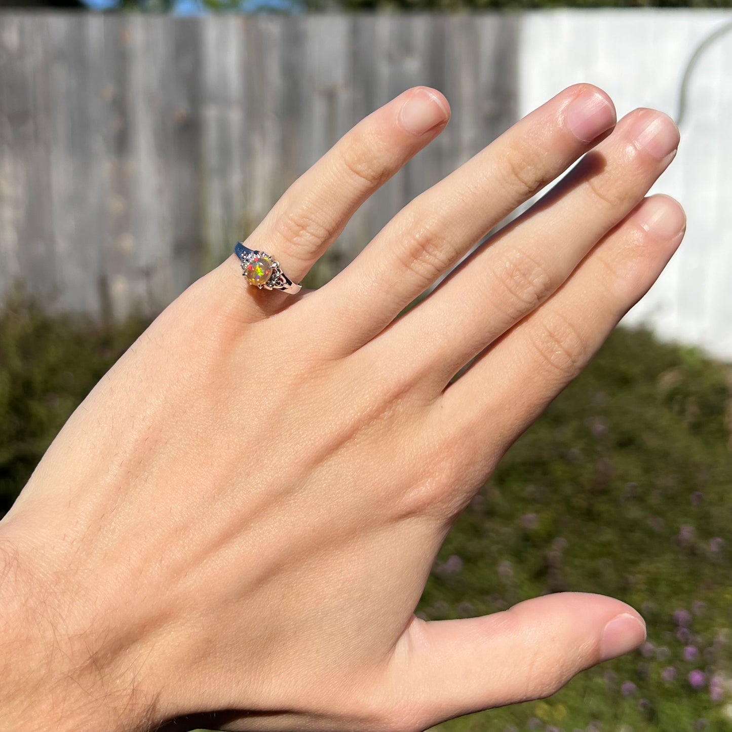 A platinum, diamond accented ring prong-set with an oval cabochon cut Mexican fire opal.