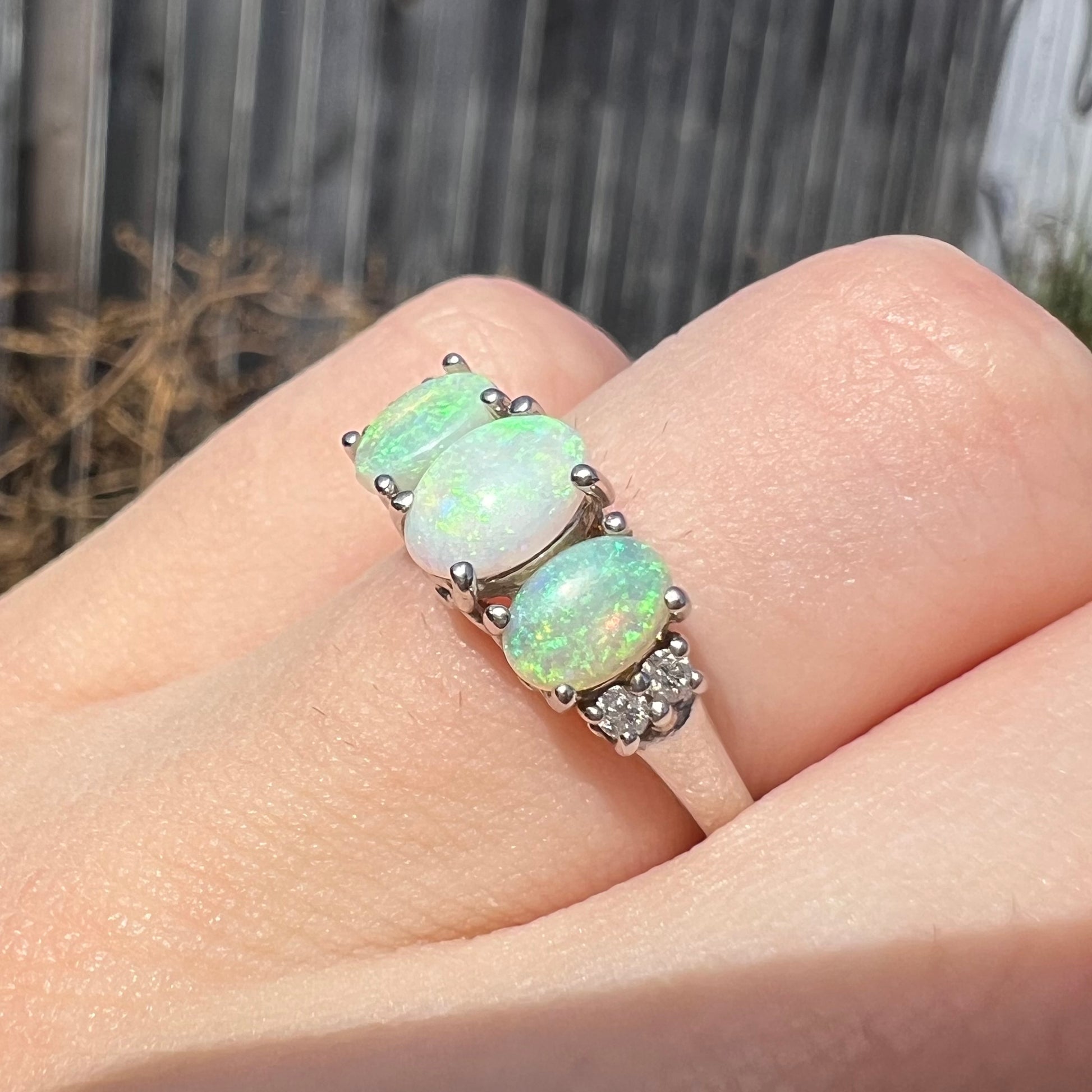 A ladies' white gold ring prong-set with three natural white opals and diamond accents.  The opals play a green color.