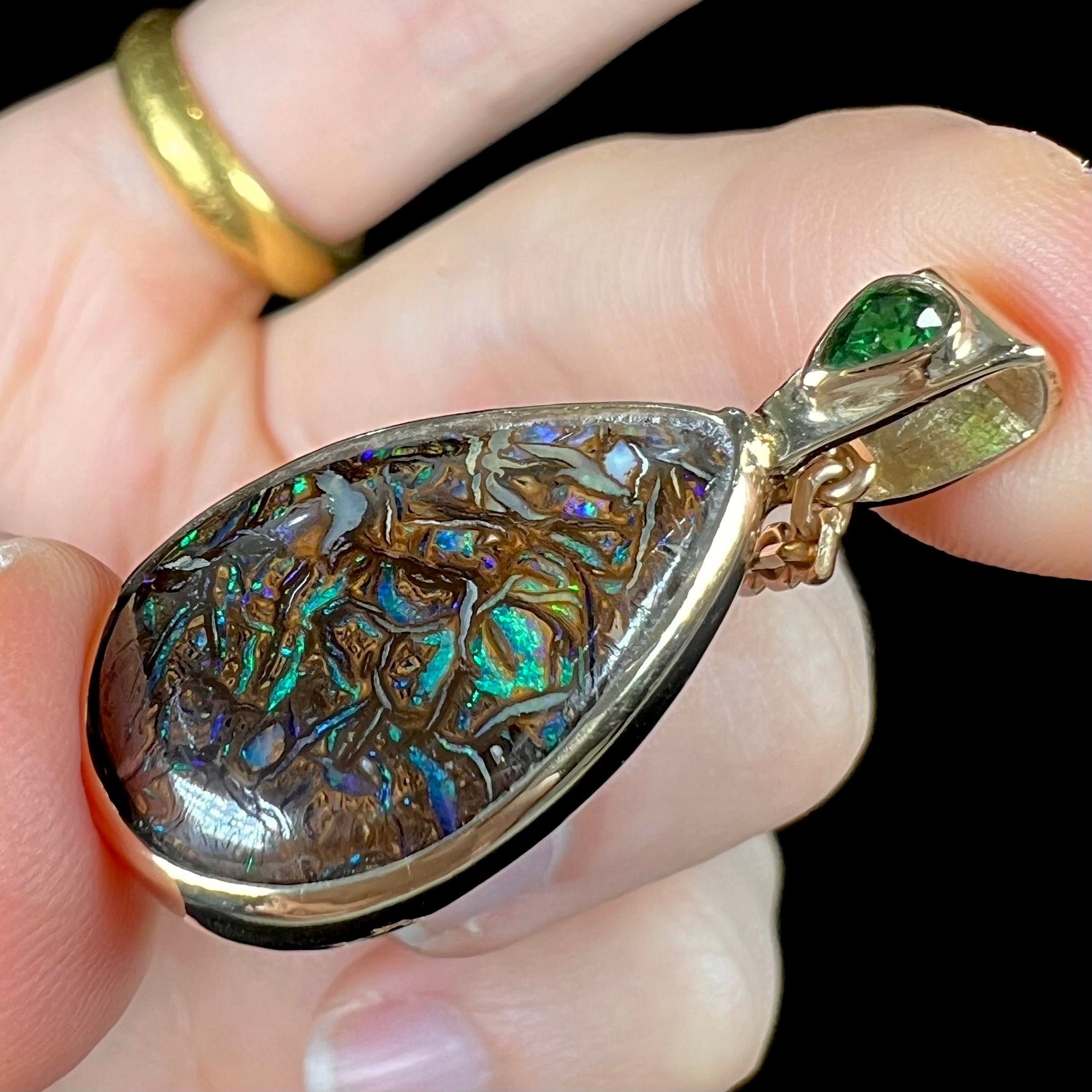 Opal, Australian, Boulder Opal, Koroit Opal, Sterling Silver, selling Sun pendant, black leather cord