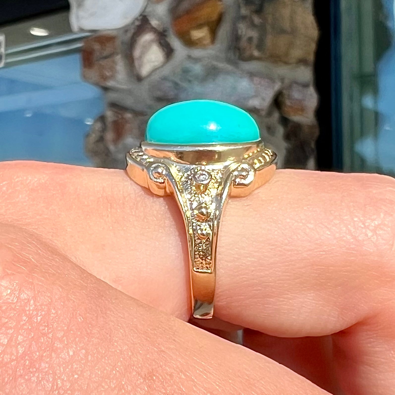 Sleeping Beauty Turquoise Classic Promise 2024 Ring Blue Turquoise Cabochon 14K Matte Finished Gold Wedding Ceremony Ring Valentine Proposal Ring