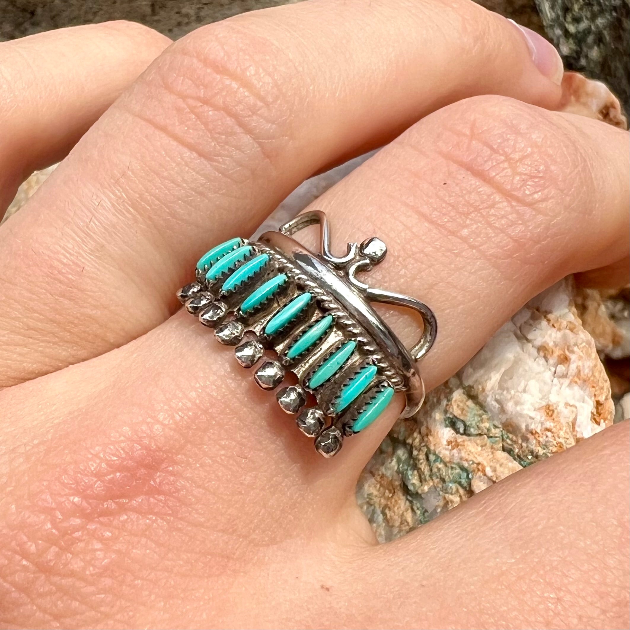 Vintage Zuni Needlepoint Turquoise Ring in Sterling Silver 