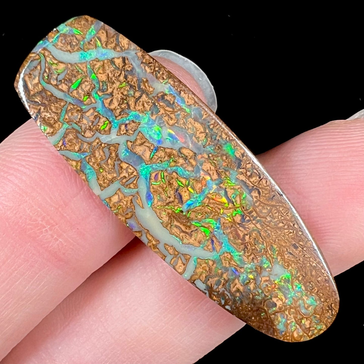 A Koroit boulder opal stone.  The opal is double-sided and has an intricate pattern.