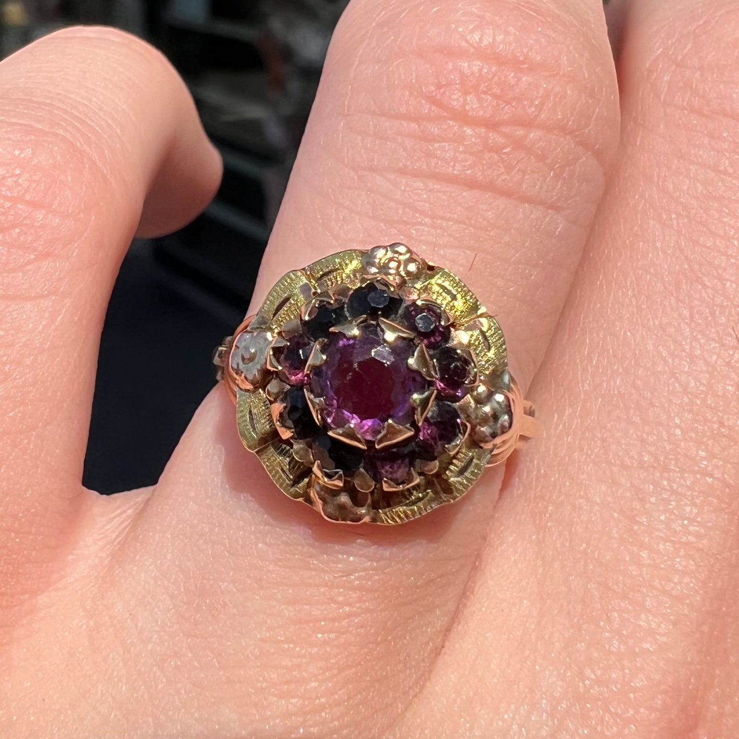 Art Nouveau Rhodolite Garnet Halo Ring in 10kt Gold | Antique, c.1920's