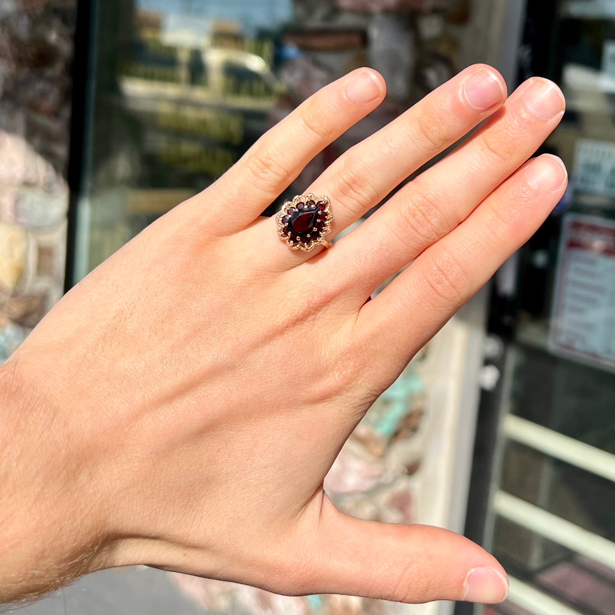 Garnet natural antique ring cheapest ,almandine at the center, signed, gold 9K, Old Bohem