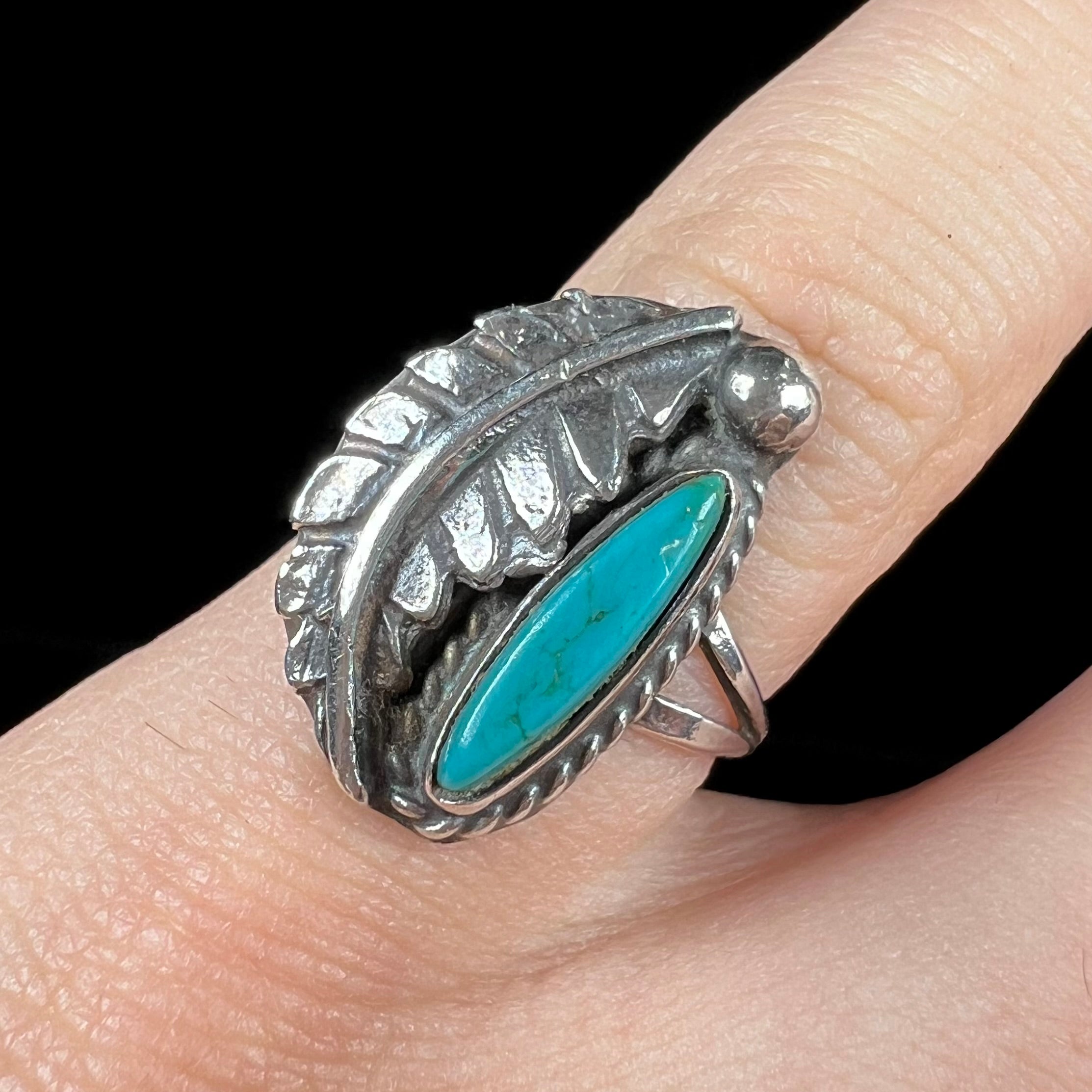 VINTAGE 70'S SOUTHWEST online NATURAL NEVADA 925 TURQUOISE FEATHER RING