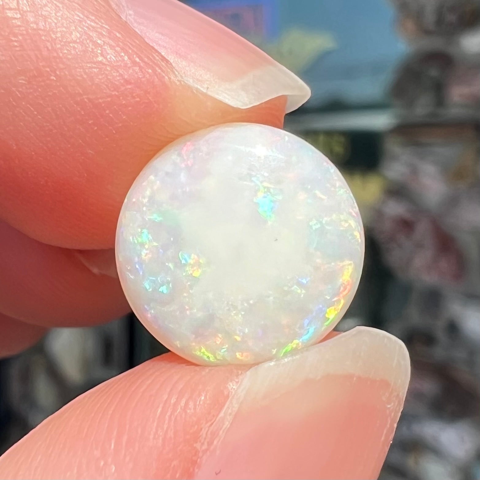 A loose, round cabochon cut white opal from Coober Pedy, Australia.  The opal has green fire.