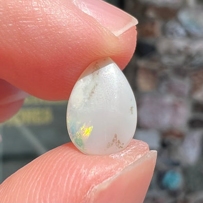 A loose, pear shaped Australian white opal stone.  The stone plays every color of the rainbow.