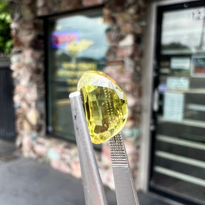 A loose, oval cut greenish yellow chrysoberyl stone.