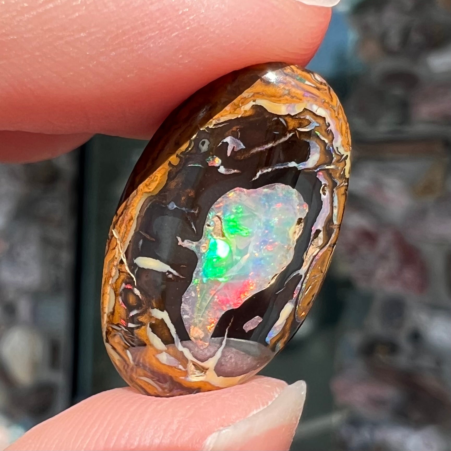 A polished Yowah nut boulder opal from Yowah, Australia.  The piece is ironstone with a center of precious opal.