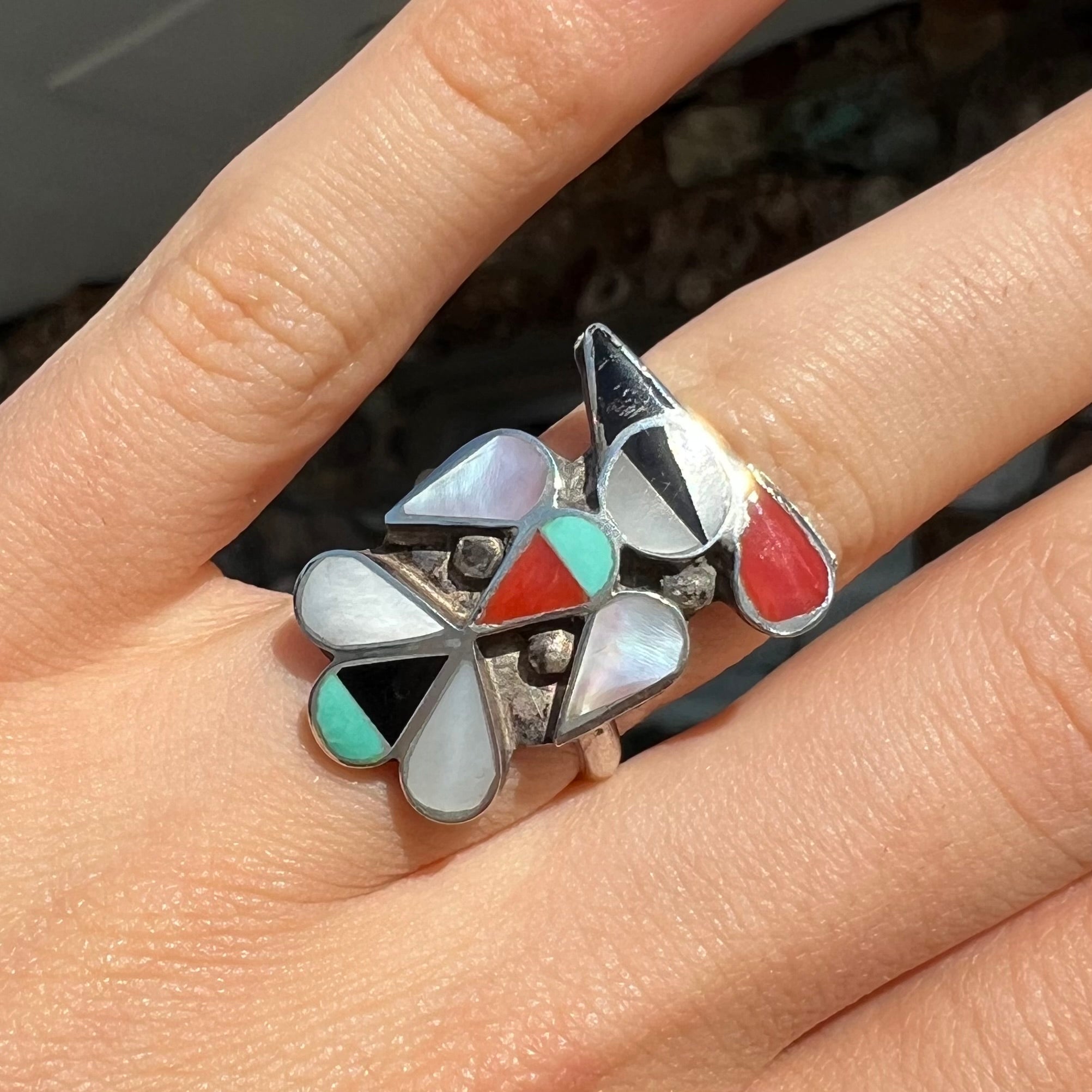 Zuni Thunderbird Inlay Ring in Sterling Silver | Vintage c.1970's