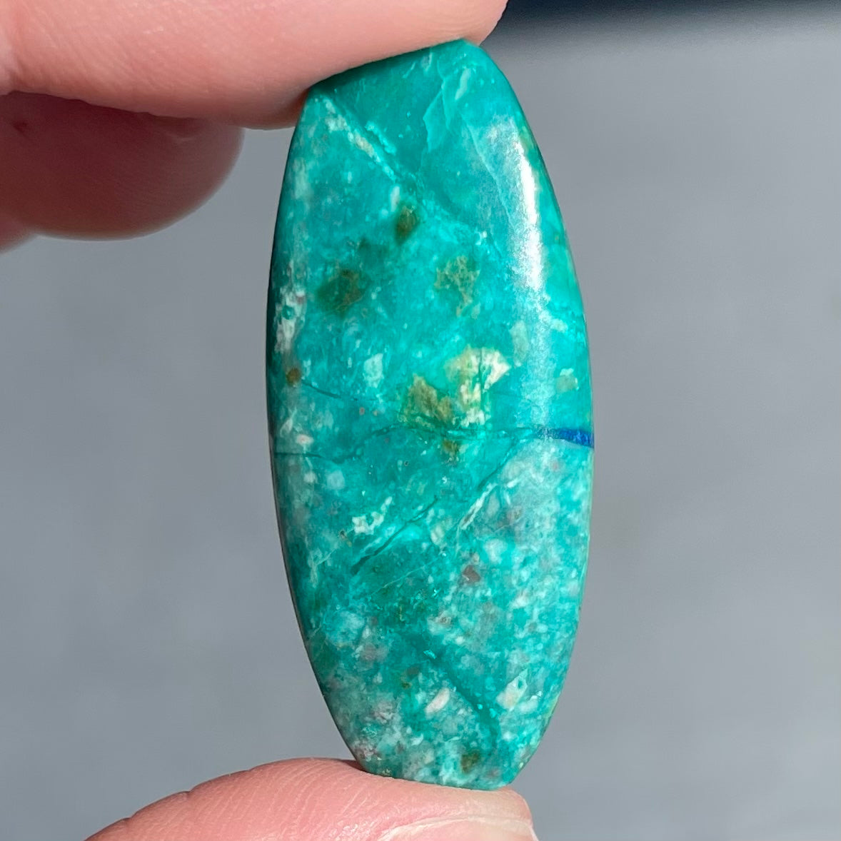 A loose, oval cabochon cut chrysocolla stone with blue azurite inclusions.