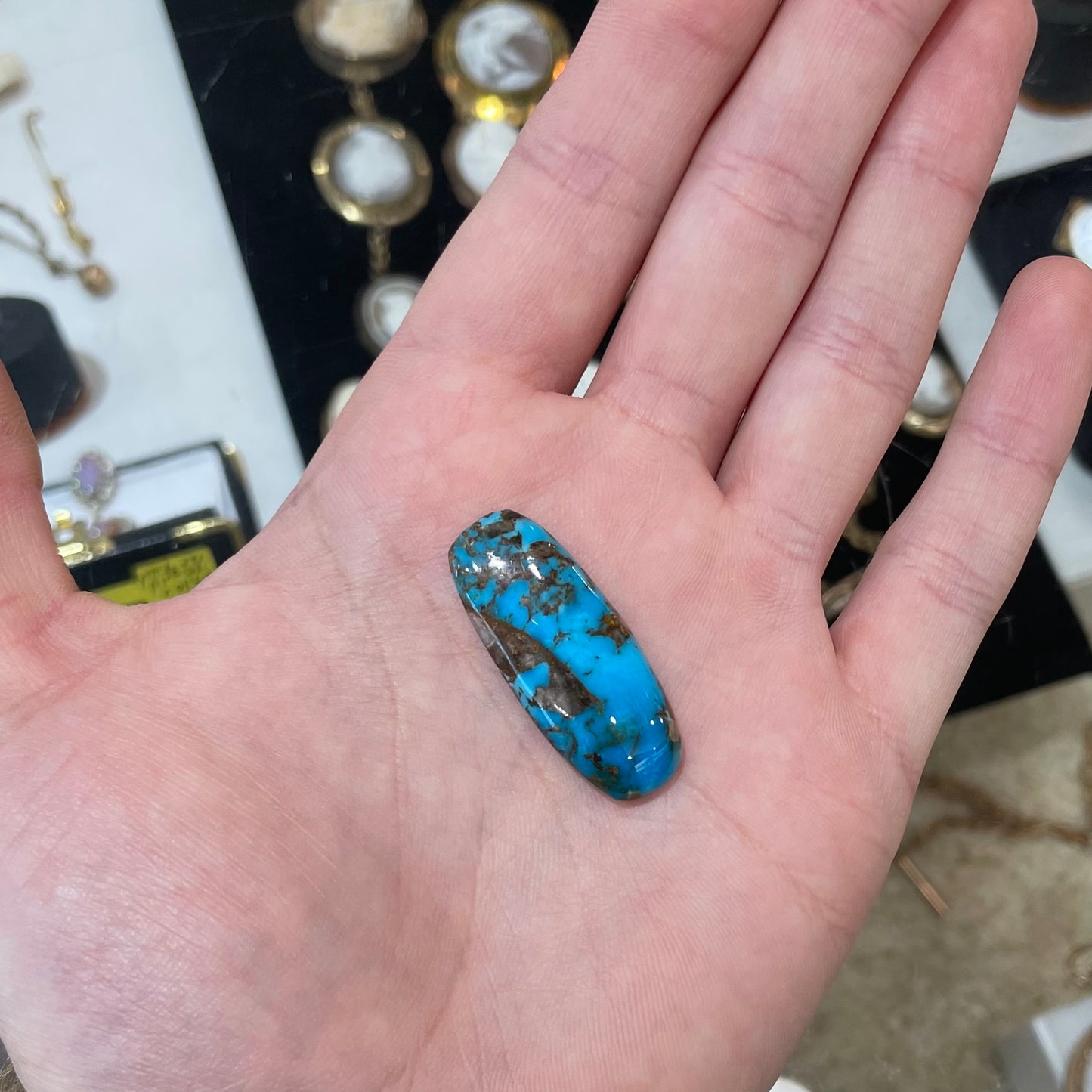 A loose, barrel cabochon cut turquoise stone from the Courtland-Gleeson mine.