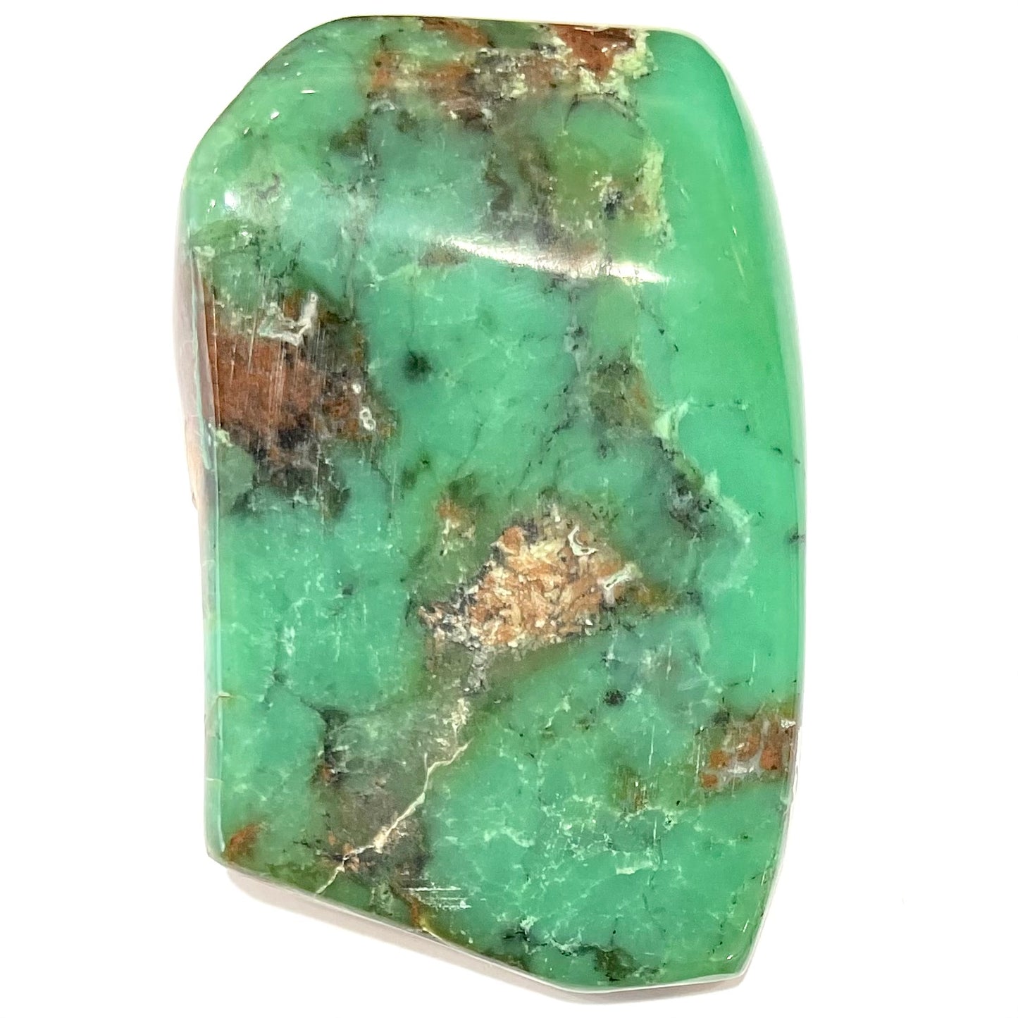 A polished green chrysoprase stone with brown matrix inclusions.