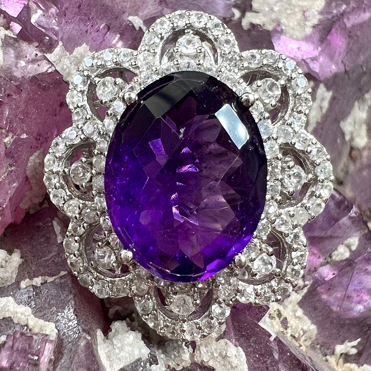 Ornate Amethyst & CZ Ring | Sterling Silver