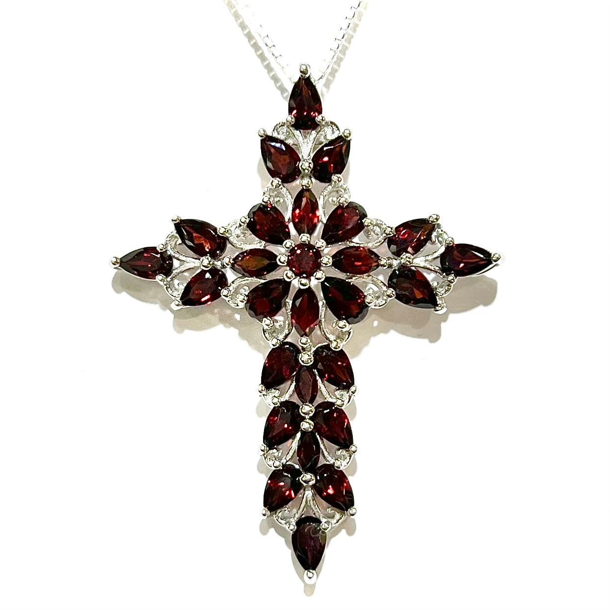 Garnet Cross Pendant | Sterling Silver