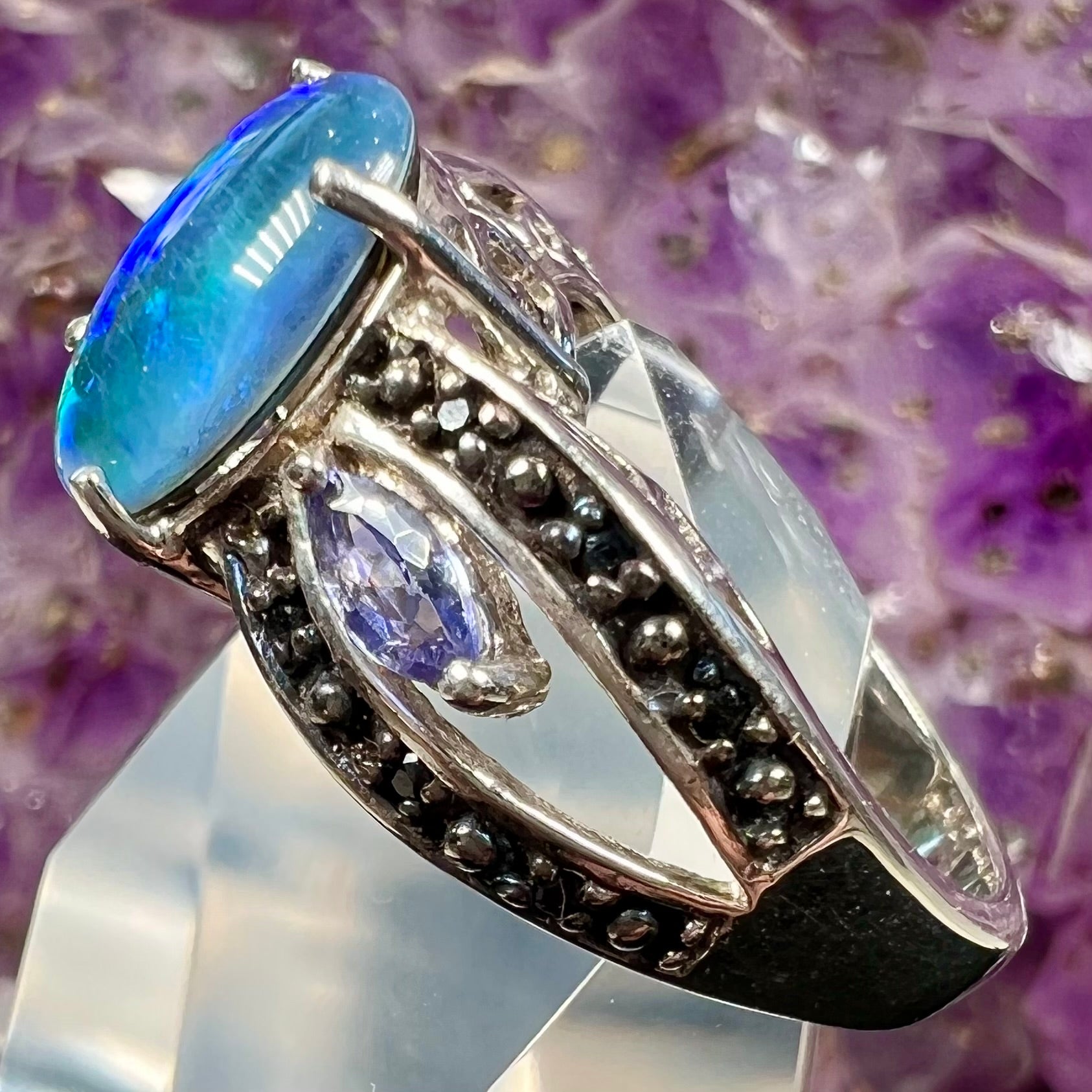 Amethyst and blue hot sale fire opal rings