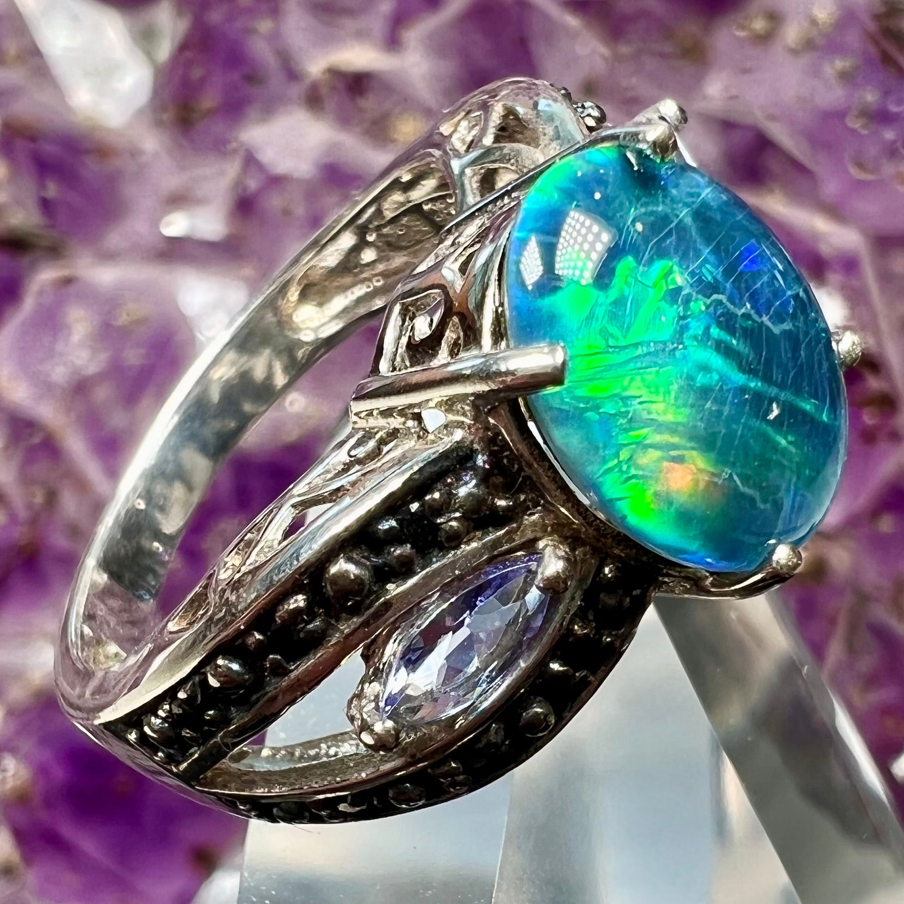 Black Opal Triplet & Tanzanite Silver Ring | Burton's – Burton's