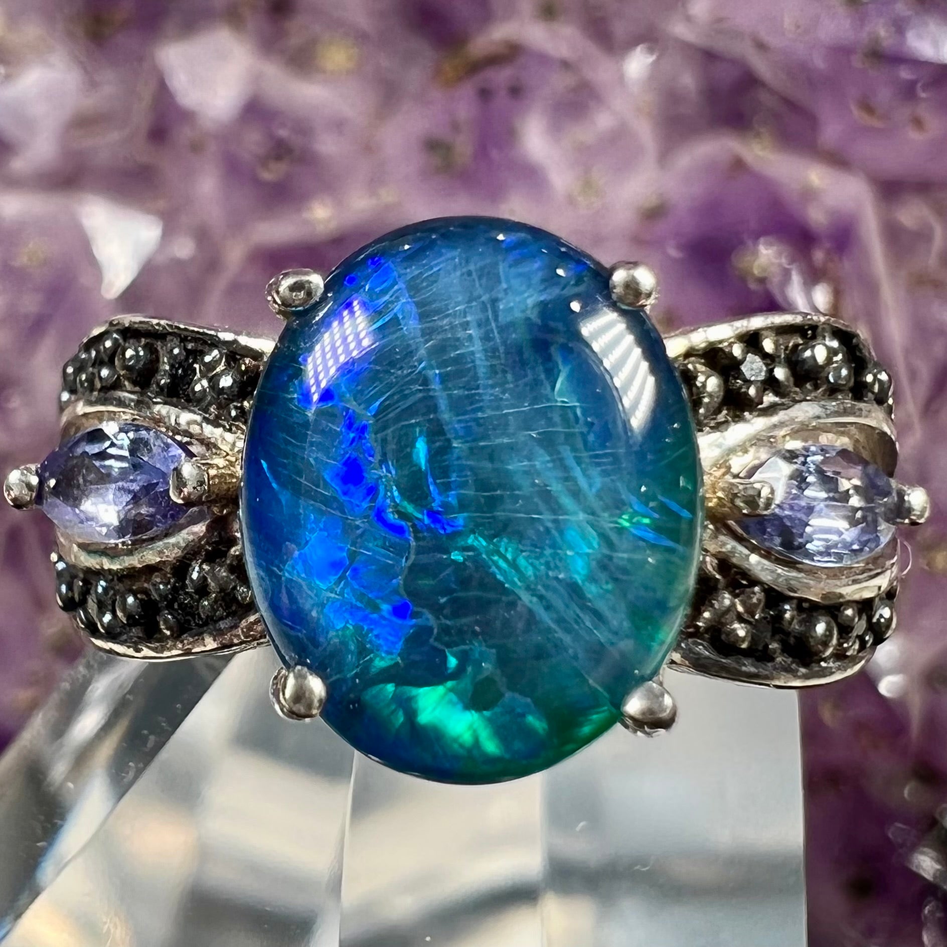 Black Opal Triplet & Tanzanite Silver Ring | Burton's – Burton's