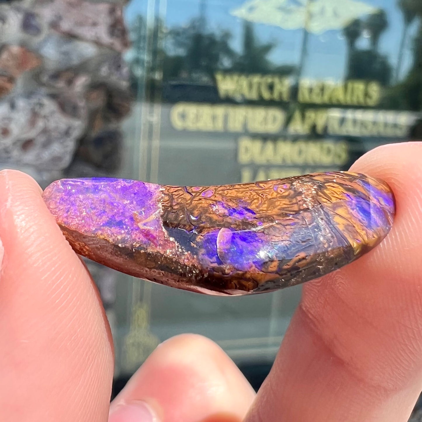 A loose boomerang shaped purple boulder opal stone from Quilpie, Australia.