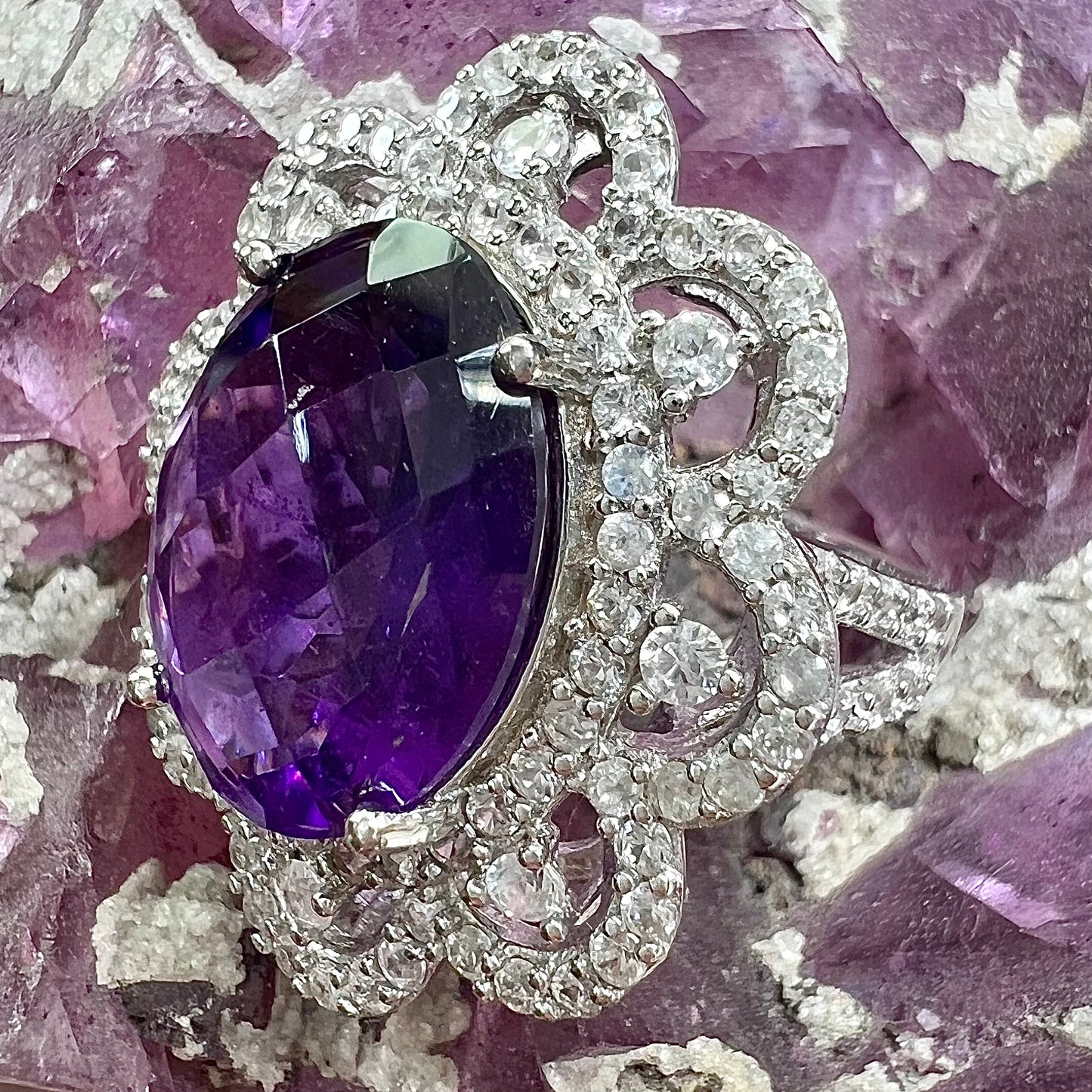 Ornate Amethyst & CZ Ring | Sterling Silver