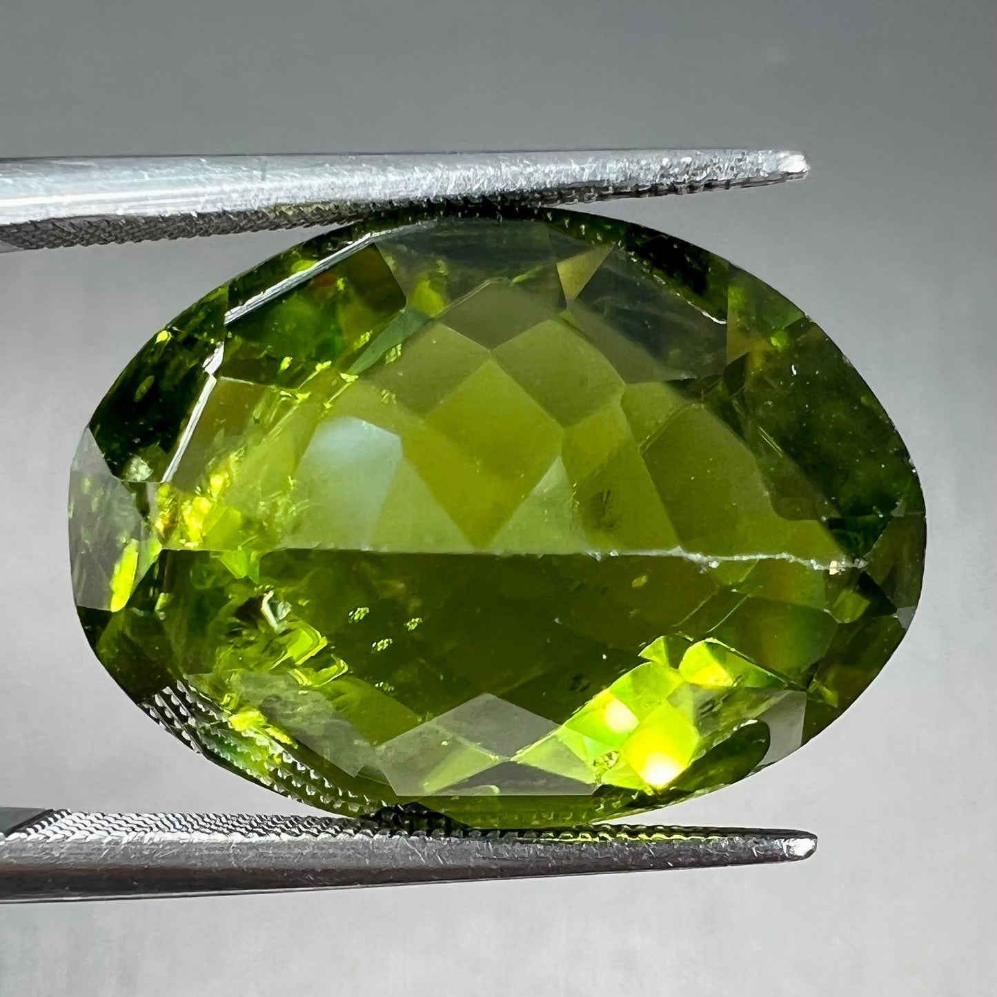 A loose, faceted oval checkerboard cut peridot gemstone from Pakistan.