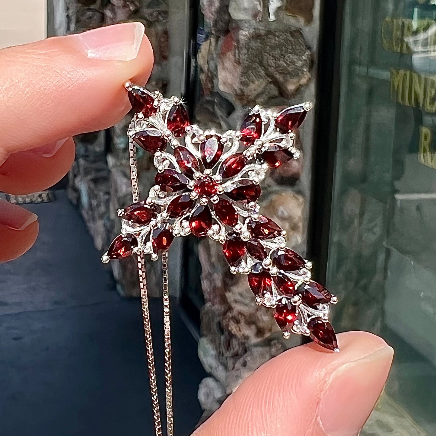 Garnet Cross Pendant | Sterling Silver