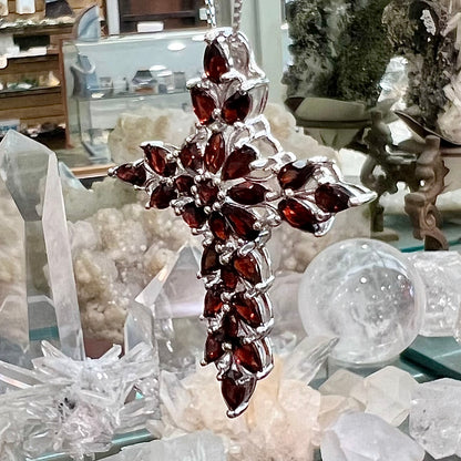 Garnet Cross Pendant | Sterling Silver