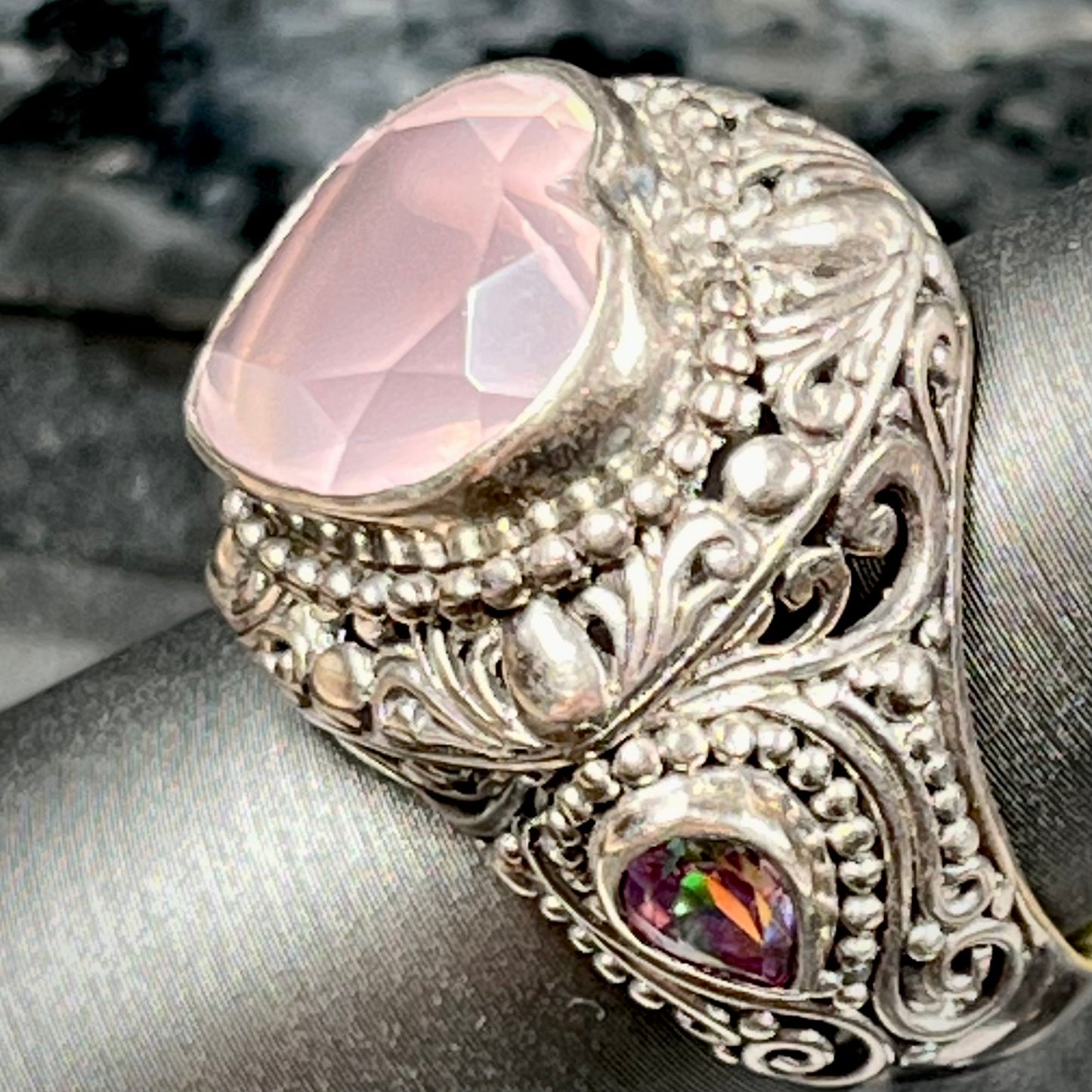 Rose Quartz Heart Filigree Ring | Sterling Silver