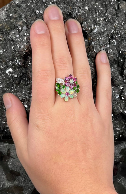 Multi Gemstone Flower Ring | Sterling Silver