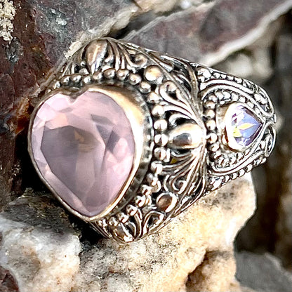 Rose Quartz Heart Filigree Ring | Sterling Silver