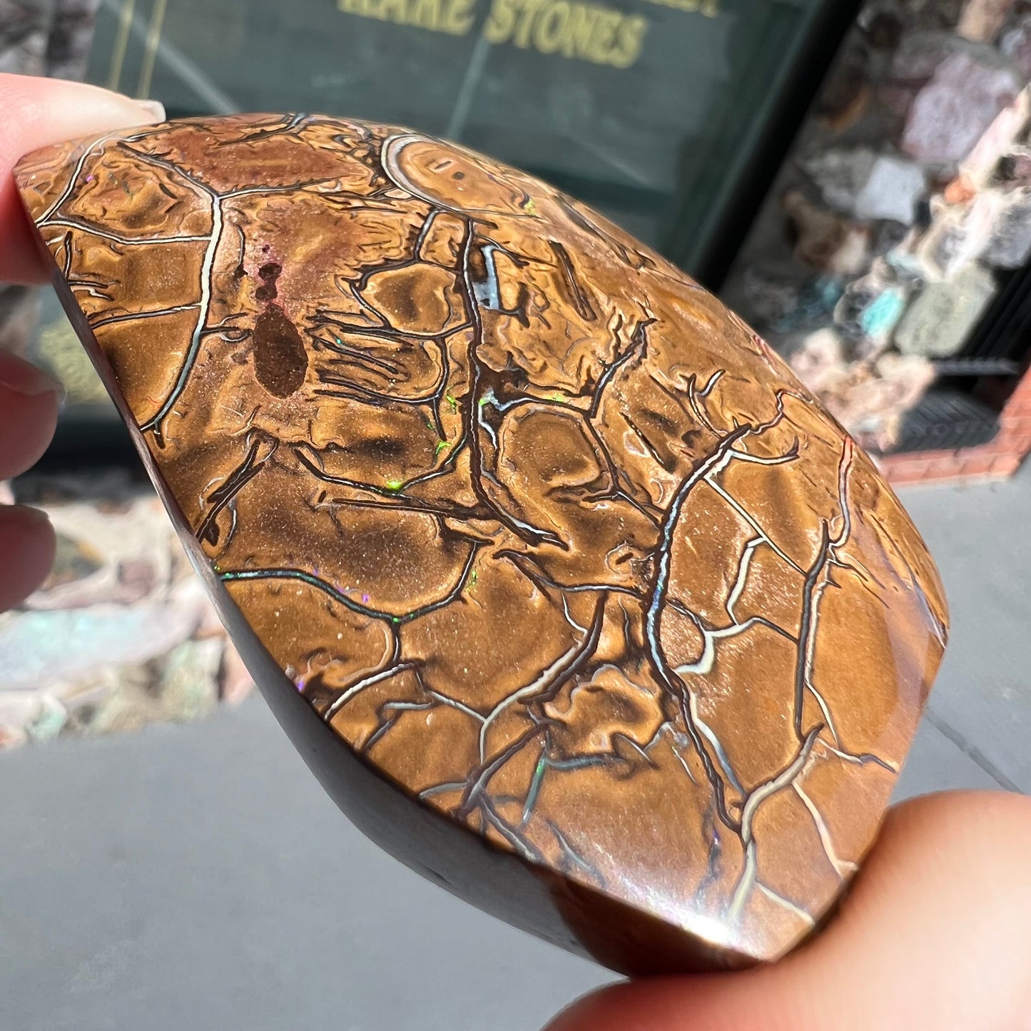 A polished piece of boulder opal stone from Koroit, Australia.