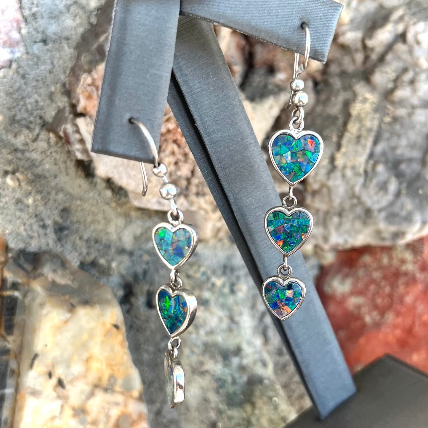 Mosaic Opal Heart Dangle Earrings