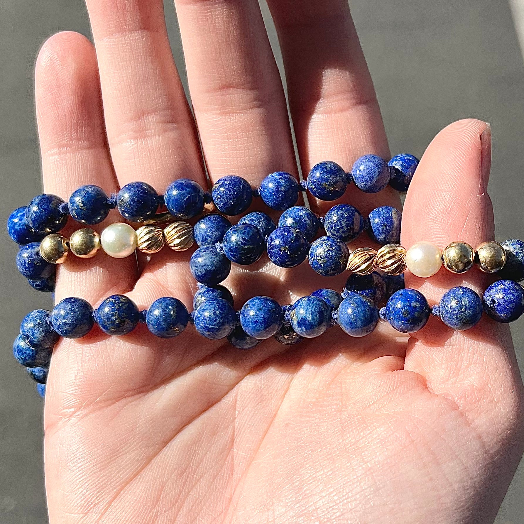 Vintage BEADED NECKLACE selling Blue Lapis and 14kt Gold Beads 23