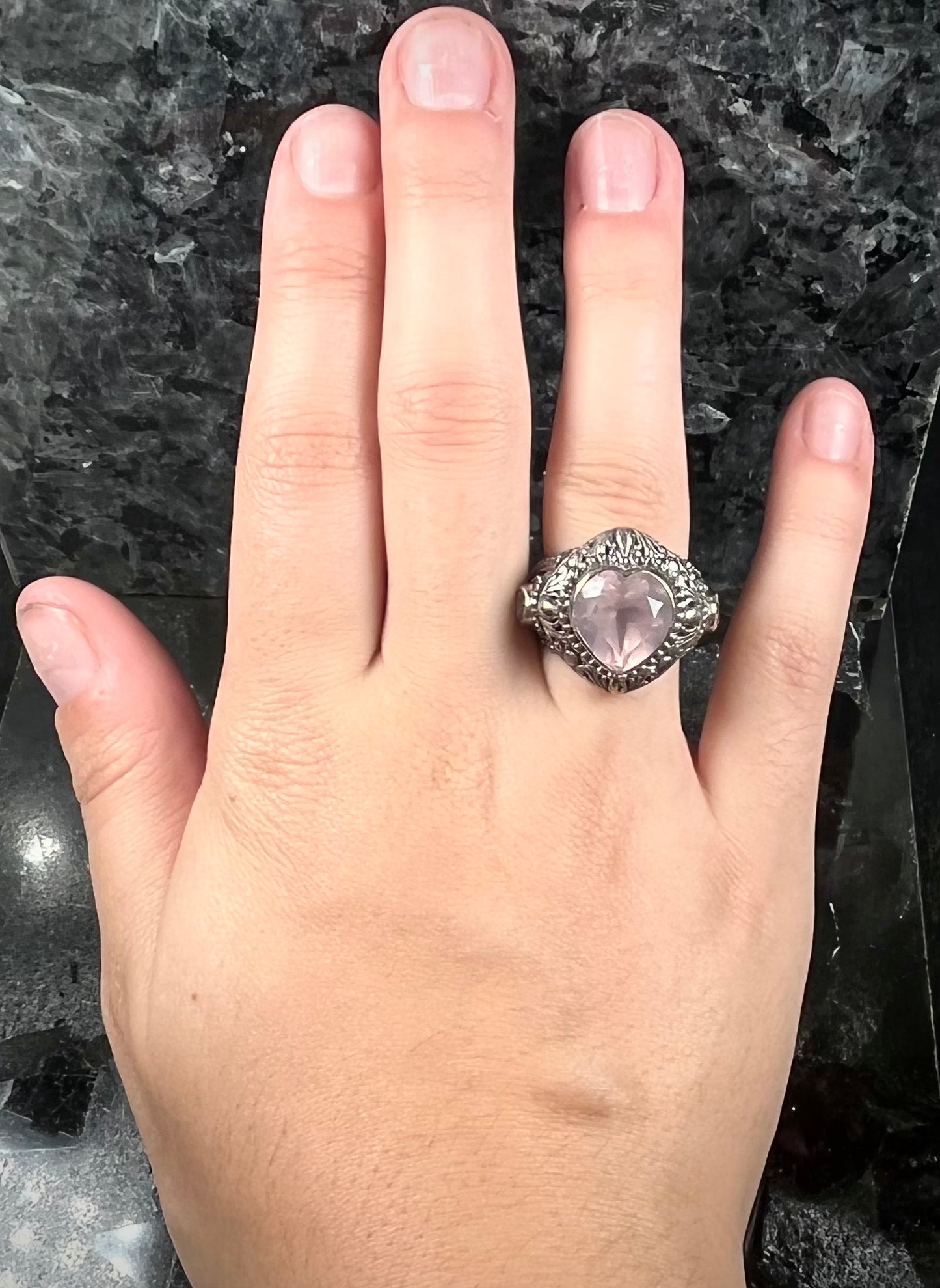 Rose Quartz Heart Filigree Ring | Sterling Silver