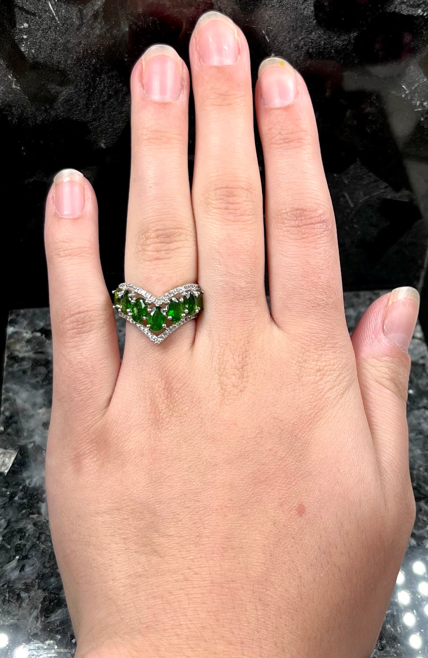 Chrome Diopside Ring with 13 5x4mm Oval for appr 5 ctw. Platinum over Sterling buy S