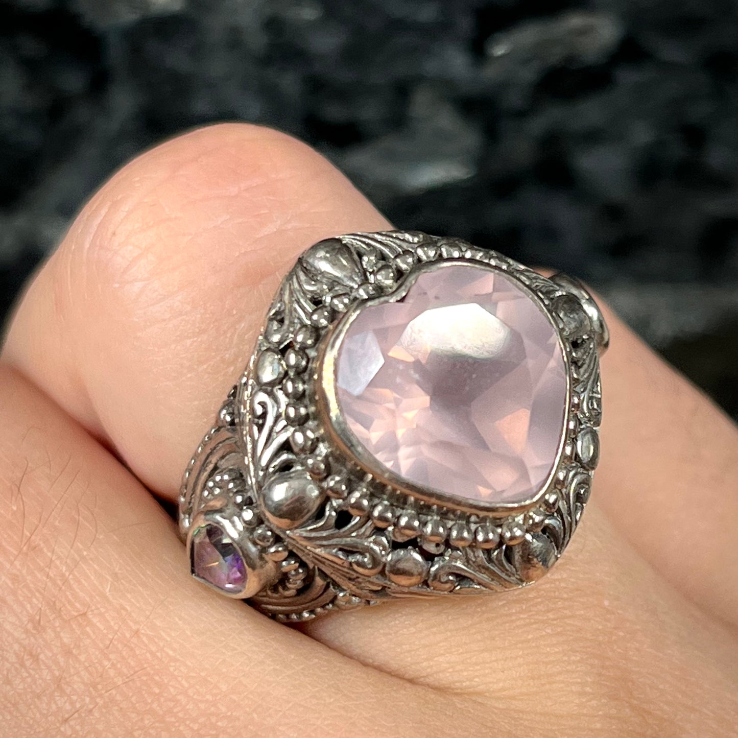 Rose Quartz Heart Filigree Ring | Sterling Silver