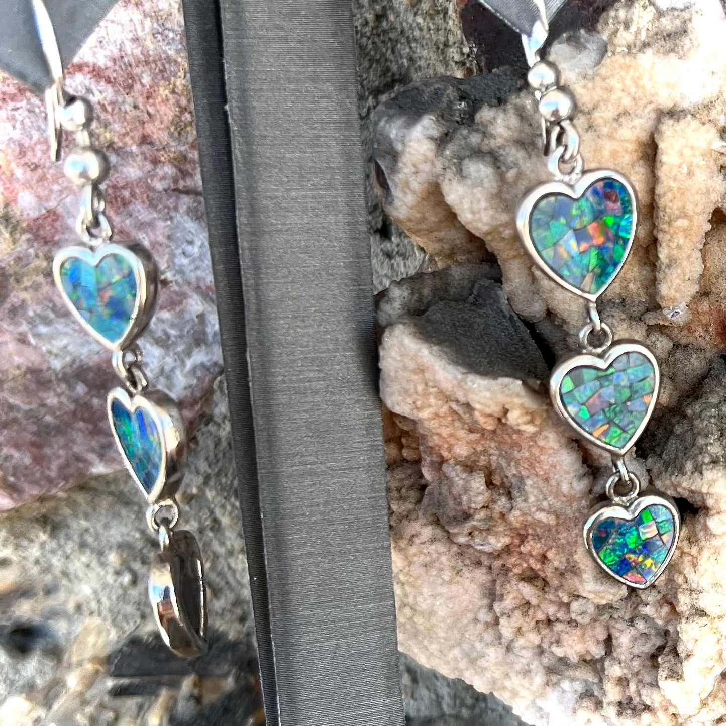 Mosaic Opal Heart Dangle Earrings