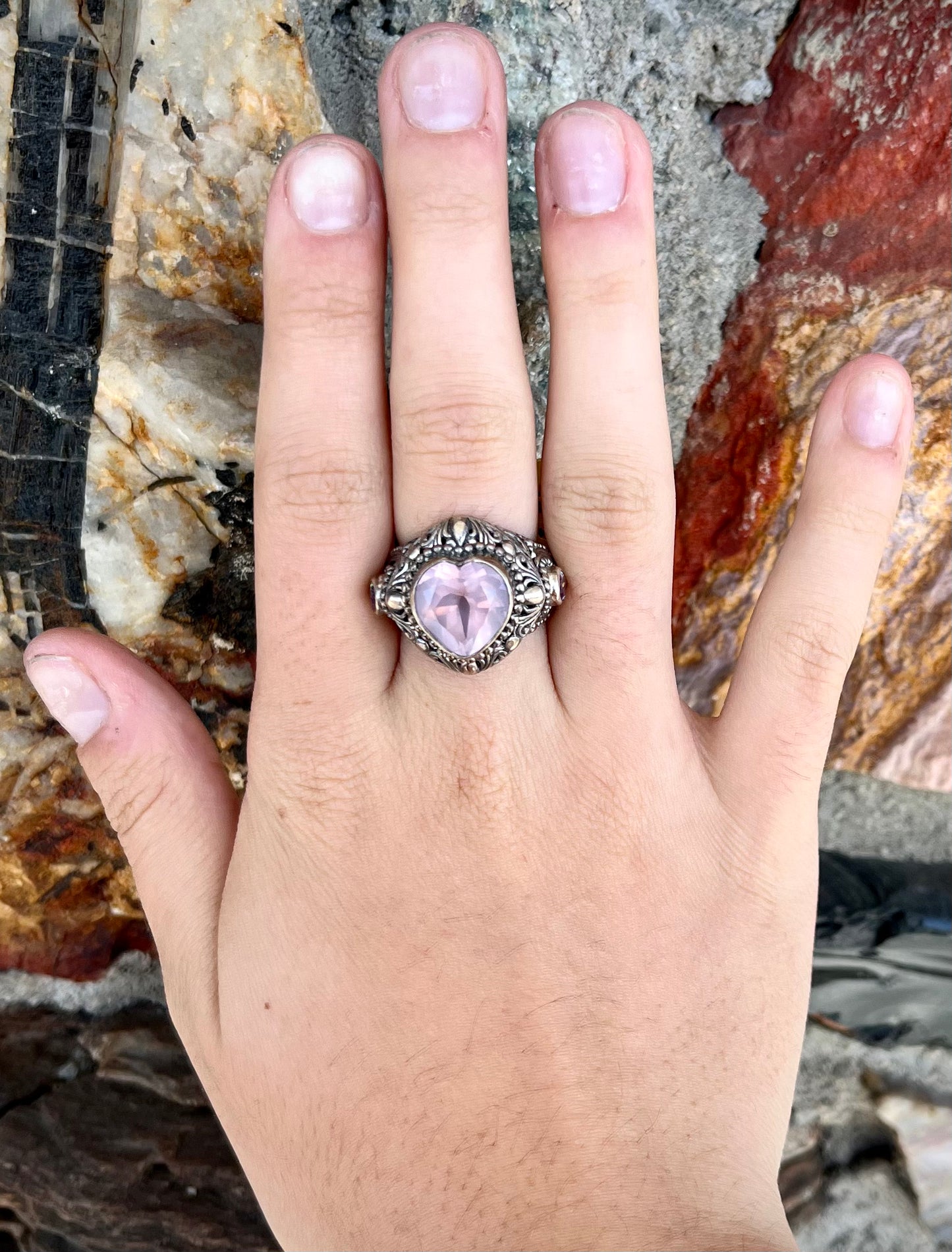 Rose Quartz Heart Filigree Ring | Sterling Silver