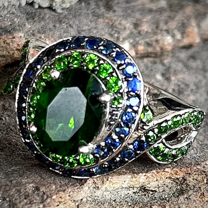 Chrome Diopside & Sapphire Ring | Sterling Silver